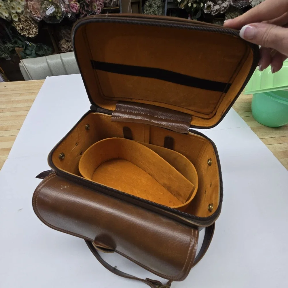 Vintage Hard Brown Leather? Like Camera Case Shoulder Bag Velvety Interior Strap